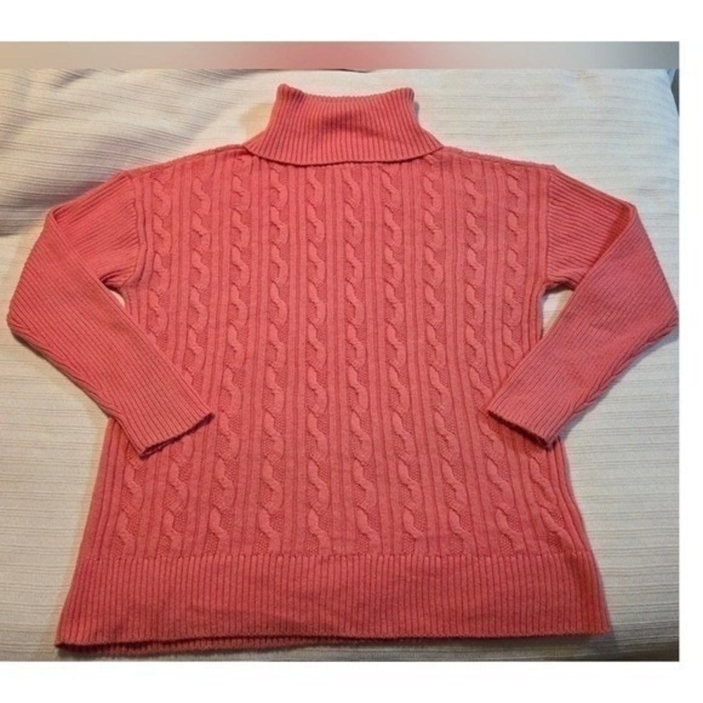 Cable Knit Turtleneck Sweater‎ Coral Coastal Grandmother Cottagecore Large